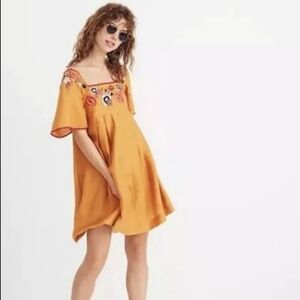 Madewell Embroidered Square-Neck Mini Babydoll Dress Mustard Yellow XS